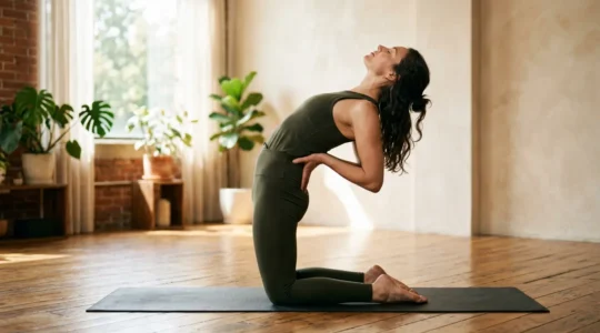 Práctica de yoga con posturas de apertura del pecho en un espacio luminoso y tranquilo