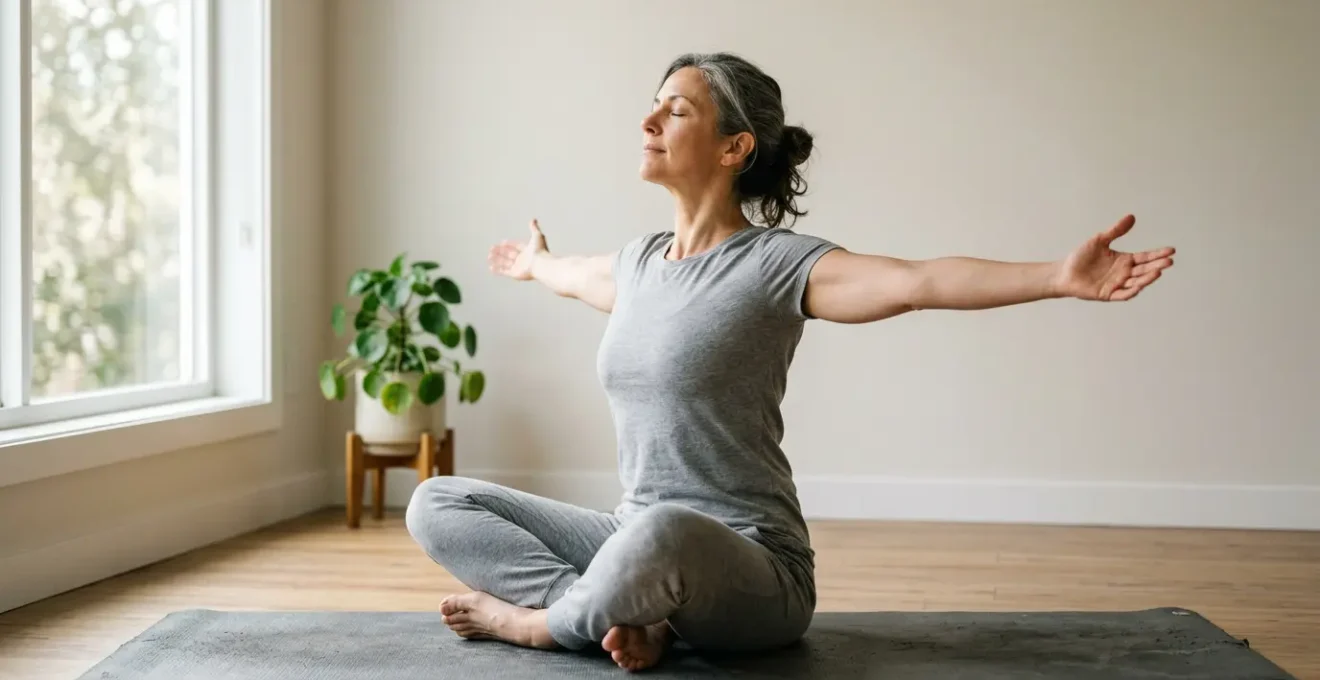 Persona en postura de yoga con pecho abierto practicando respiración profunda en espacio sereno