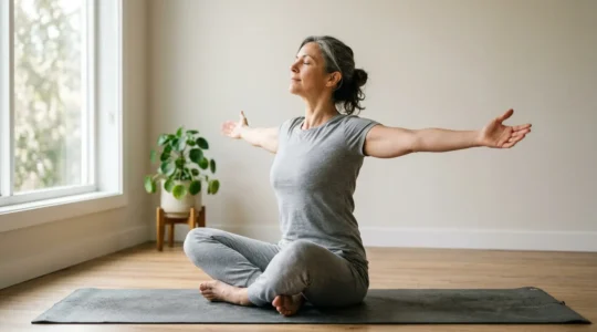 Persona en postura de yoga con pecho abierto practicando respiración profunda en espacio sereno