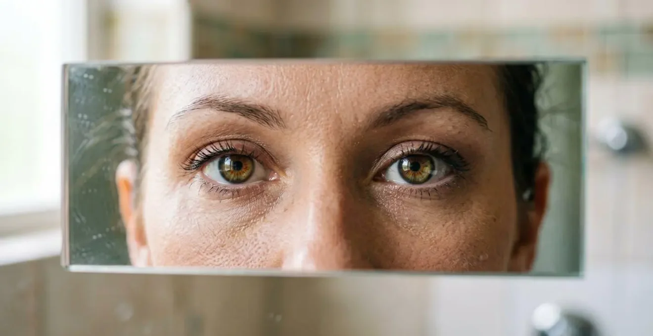 Persona mirándose al espejo con expresión de determinación y orgullo